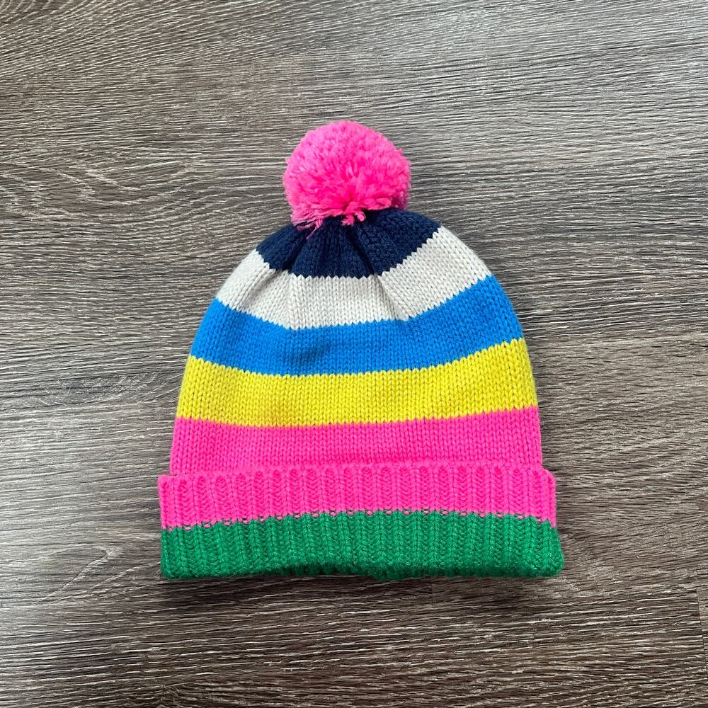 NWT Boden Kids Colorful Striped Beanie Pink Pom-Pom 9-12Y Kidcore Rainbowcore